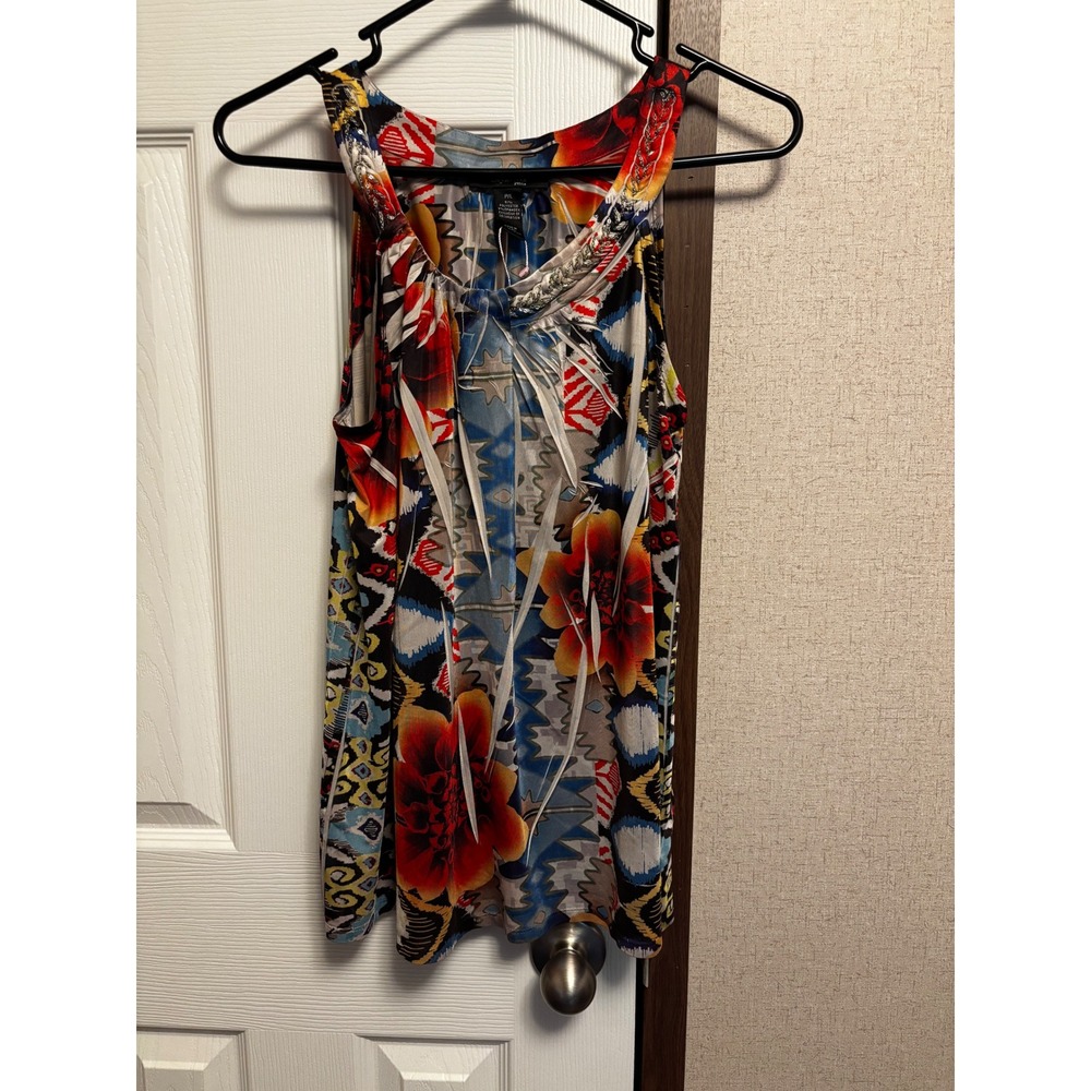 Style & Co Petite Womens Large Sleeveless Ikat Floral Chain Neck Blouse Top